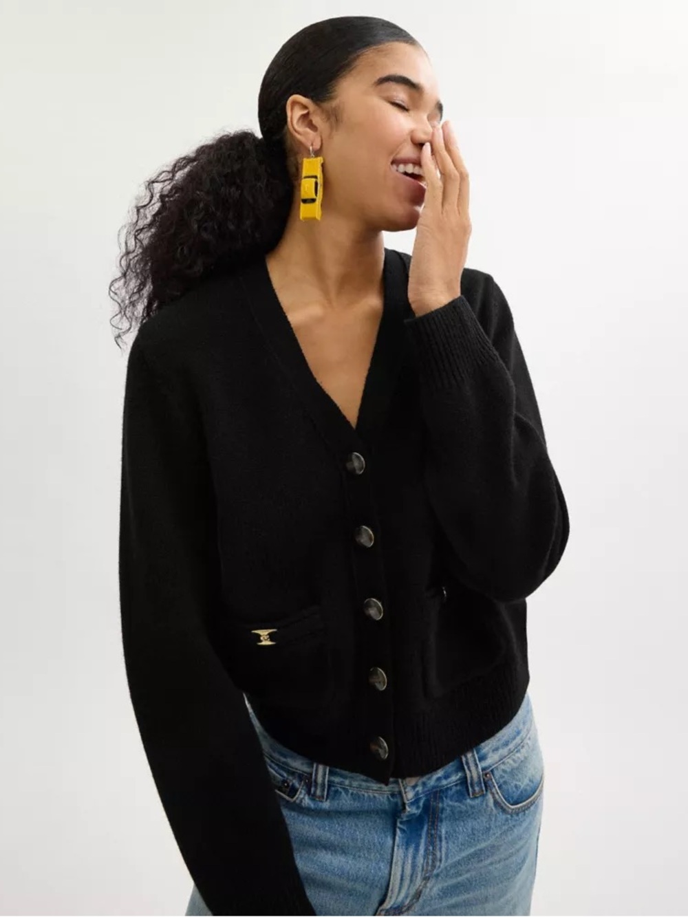 Coach Black Button-Front V-Neck Cardigan with Logo Hardware